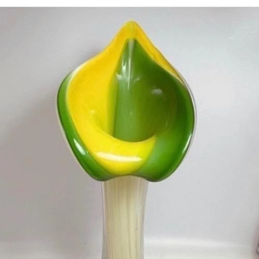 Vintage Hand‎ Blown Glass Calla Lily Vase Yellow Green Frosted Ribbed 11 Inch